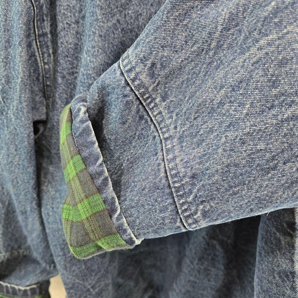 Vintage Denim Jacket Womns 3X Jean 80s 90s Flannel Lined Green Plaid Dark Medium - Picture 10 of 12